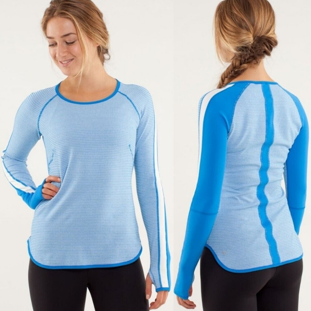 LULULEMON Runder Under Long Sleeve Mini Check Pique Reversible Shirt Blue Cream